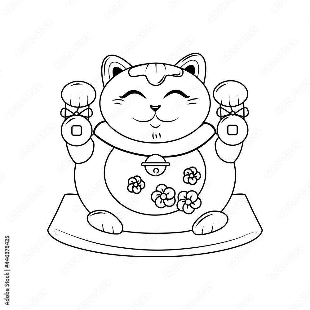 Fat smiling Japanese cat Maneki neko with bells is sitting on a pillow