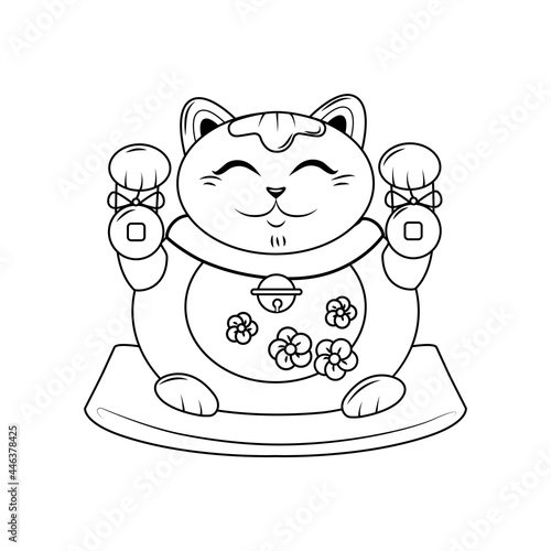 Fat smiling Japanese cat Maneki neko with bells is sitting on a pillow. A symbol of good luck and wealth. Contour illustration. Coloring book. Vector