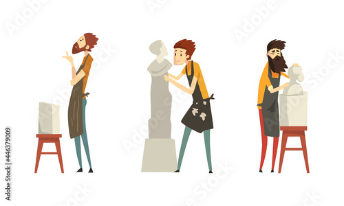 People of Creative Professions Set, Male Sculptors Working on Marble Masterpieces Cartoon Vector Illustration