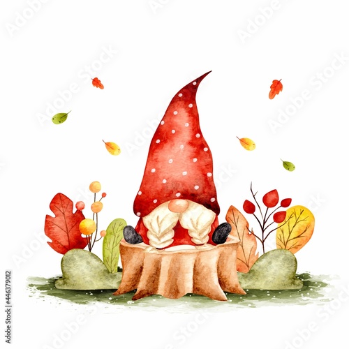 Watercolor hand drawn autumn garden gnome 