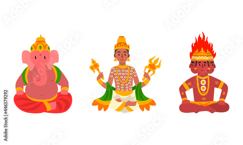 Indian Gods Set, Agni, Ganesha, Indra Idols Cartoon Vector Illustration