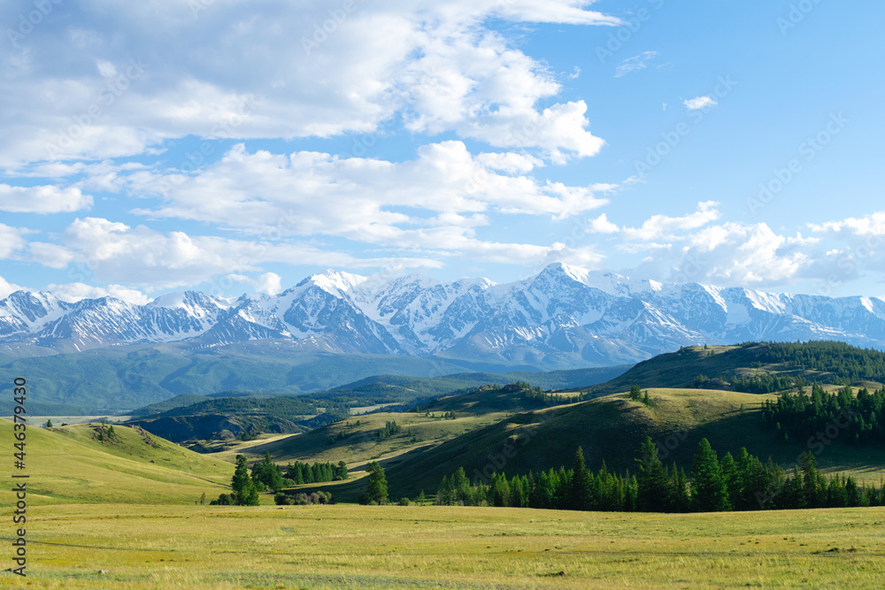Altai mountain range with snow-covered peaks. Kurai steppe.