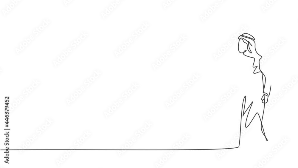 Self drawing animation of single continuous line draw young Arab businessman walking slowly to get to his company. Smart professional manager. Minimalism concept one line draw. Full length animated. Self drawing animation of single continuous line draw young Arab businessman walking slowly to get to his company. Smart professional manager. Minimalism concept one line draw. Full length animated.