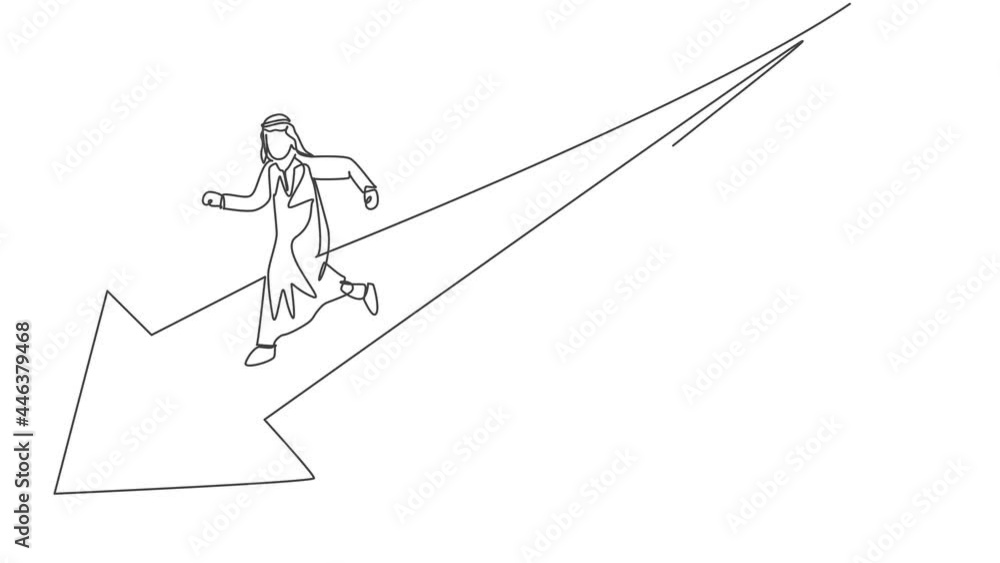 Self drawing animation of single one line draw young Arabic male entrepreneur running fast to straight direction pathway. Business choice minimal concept. Continuous line draw. Full length animated. Self drawing animation of single one line draw young Arabic male entrepreneur running fast to straight direction pathway. Business choice minimal concept. Continuous line draw. Full length animated.
