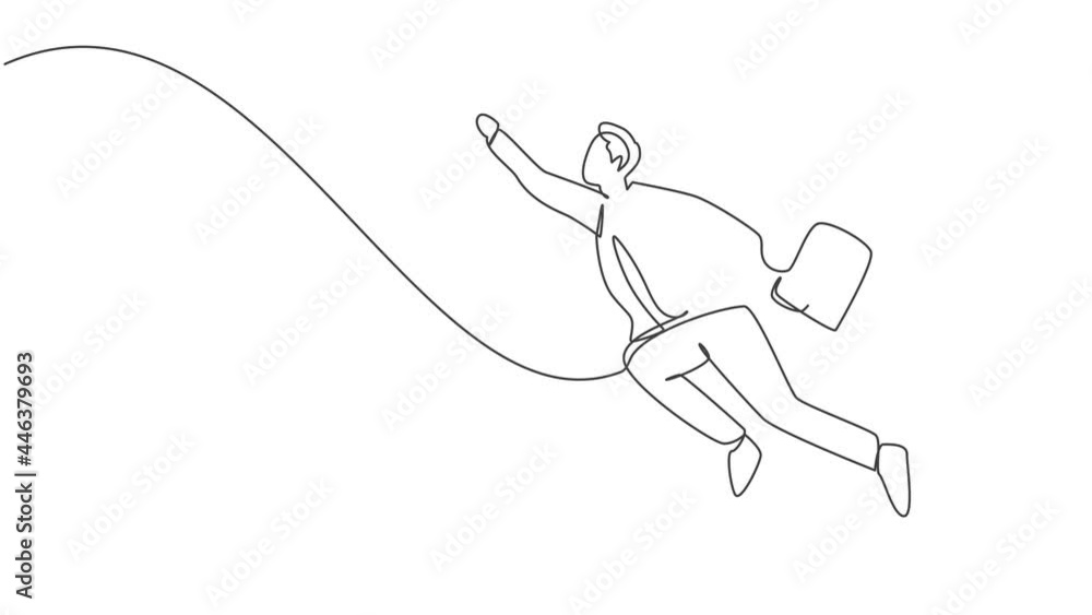 Animated self drawing of continuous one line draw young handsome male worker fly using superhero wing. Success skyrocketed business manager minimalist concept. Full length single line animation. Animated self drawing of continuous one line draw young handsome male worker fly using superhero wing. Success skyrocketed business manager minimalist concept. Full length single line animation.