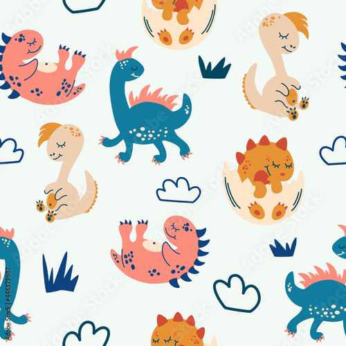Seamless pattern with cute dinosaurs. Creative childish texture for fabric, wrapping, textile, wallpaper, apparel. Cute baby background. Vector illustration in flat cartoon style. © PawLoveArt
