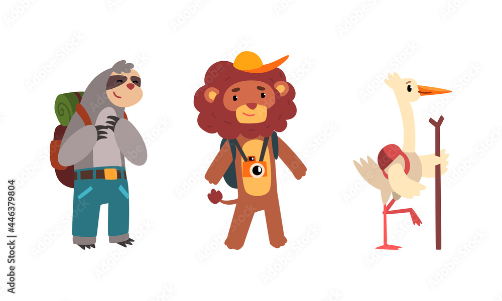 Fototapeta premium Funny Animals Traveling on Vacation Set, Amusing Sloth, Lion, Stork Having Summer Trip Cartoon Vector Illustration