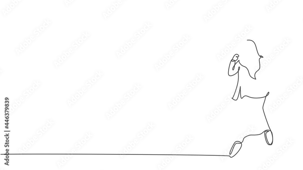Self drawing animation of single one line draw young sporty Arab business woman running fast to reach finish line. Business target growth minimal concept. Continuous line draw. Full length animated.