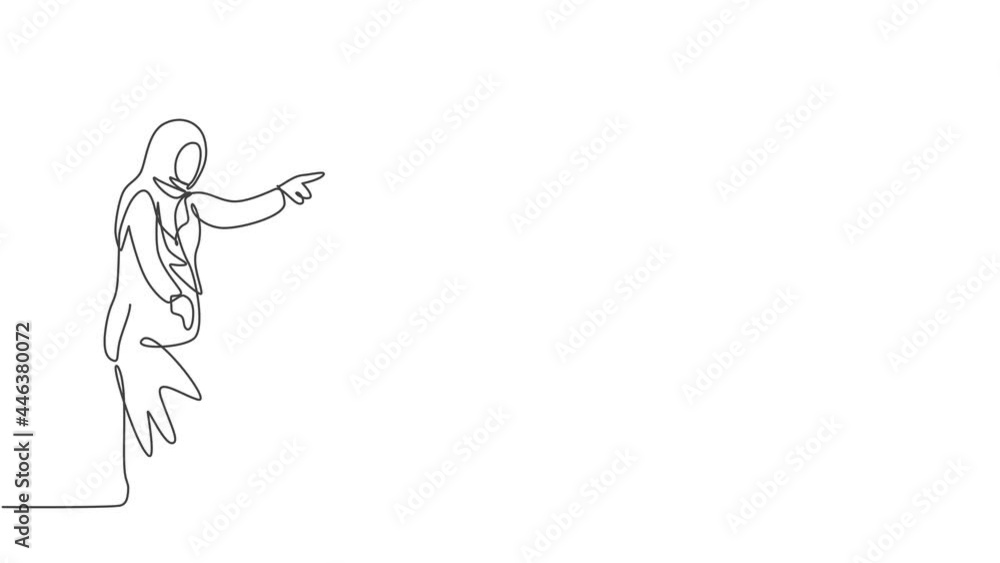 Animated self drawing of continuous one line draw young female Arabic worker pointing finger to the colleague. Success business manager minimalist concept. Full length single line animation. Animated self drawing of continuous one line draw young female Arabic worker pointing finger to the colleague. Success business manager minimalist concept. Full length single line animation.