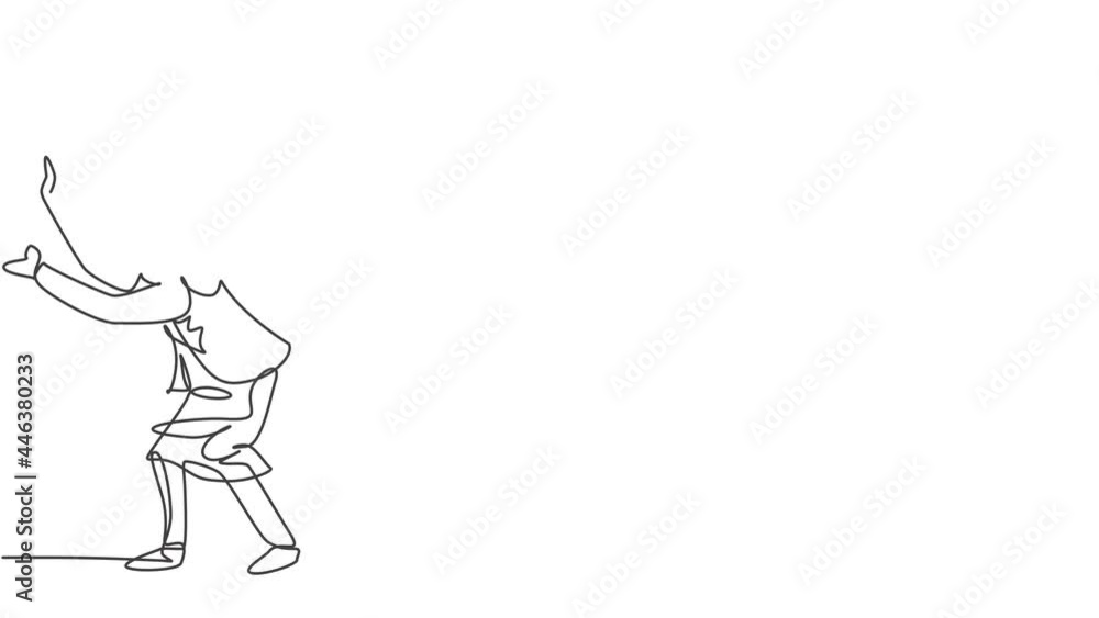 Animated self drawing of continuous one line draw young female entrepreneur pose holding protection gesture. Success business manager minimalist concept. Full length single line animation illustration Animated self drawing of continuous one line draw young female entrepreneur pose holding protection gesture. Success business manager minimalist concept. Full length single line animation illustration