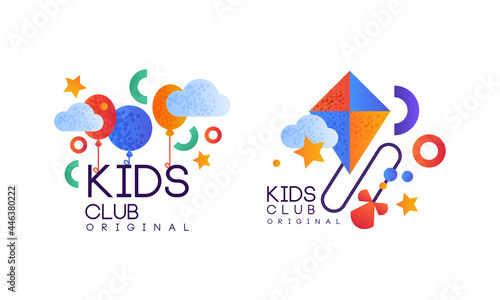 Kids Club Logo Original Set, Playground, Game Area Labels, Emblems Collection Flat Vector Illustration