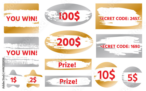 Scratch card game win shape set icons isolated on white background. Vector objects star, heart, rectangle, square, oval, circle grunge brush stroke texture. Lottery lucky lose winning ticket text
