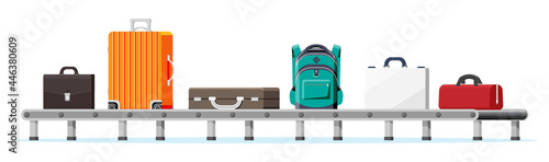 Luggage Carousel Against Airport Window With Taking Off Plane. Conveyor Belt With Passenger Luggage. Baggage Claim In Airport Isolated. Logistic And Delivery. Cartoon Flat Vector Illustration