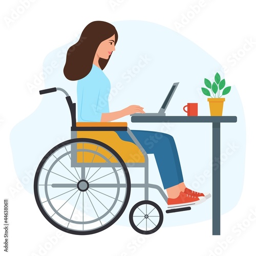 YDisabled young woman in Wheelchair Working on laptop in Home Office. Handicapped woman  at Workplace. Disabled people employment . Flat Vector Illustration.