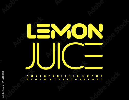 Vector bright sign Lemon Juice. Trendy Yellow Font. Techno style set of Alphabet Letters and Numbers