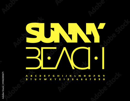 Vector travel banner Sunny Beach. Neon color Font. Yellow trendy set of Alphabet Letters and Numbers 
