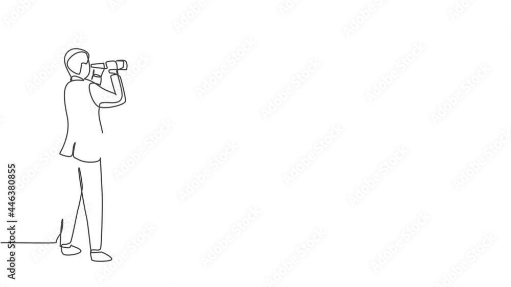 Self drawing animation of single one line drawing of young smart business man looking target opportunity forward binocular. Business growth minimal concept. Continuous line draw. Full length animated. Self drawing animation of single one line drawing of young smart business man looking target opportunity forward binocular. Business growth minimal concept. Continuous line draw. Full length animated.
