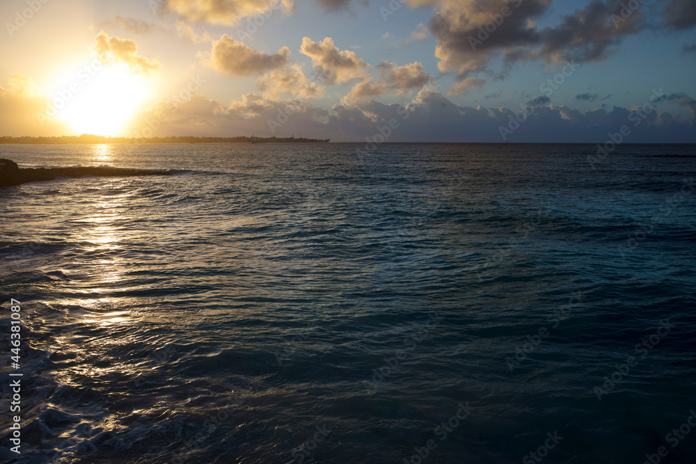 Summer on Barbados Island. Exotic vacations. Palm trees. Turquoise water. Sunny blue sky. Beautiful white-sand beach.