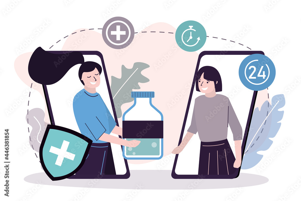 Courier delivers medicine to client. Concept of delivery service and e-commerce. Girl orders medicines from online pharmacy Courier delivers medicine to client. Concept of delivery service and e-commerce. Girl orders medicines from online pharmacy