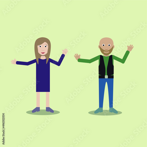 Bald man in vest and woman with separate body elements. Vector. Modern and flat style.