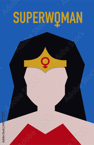 Illustration of a super woman with red corset and female logo on a headband. Modern flat style.