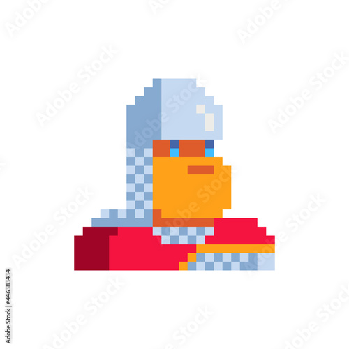 Russian knight, warrior. Pixel art character. Head of hero of Russian folklore and folk tales. Stickers design. Isolated vector illustration.