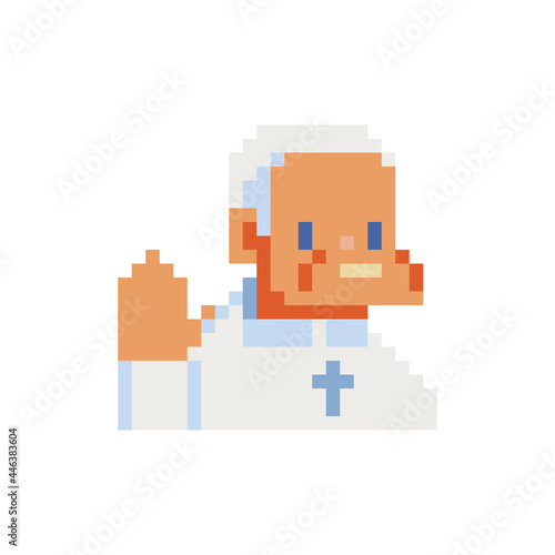 Religion christian pope pixel art character. Mature priest, catholic preacher, holy father in robe. Pastor servant of god in cassock. Design stickers, logo, mobile app. 8-bit. Isolated illustration.