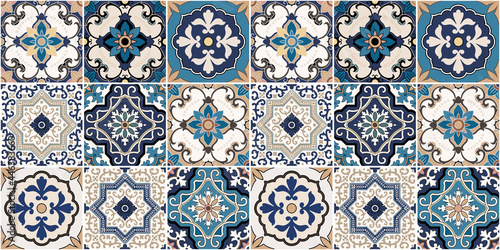 Mega Gorgeous seamless patchwork pattern from colorful Moroccan, Portuguese tiles, Azulejo, ornaments, Can be used for wallpaper, pattern fills, web page background, surface textures.