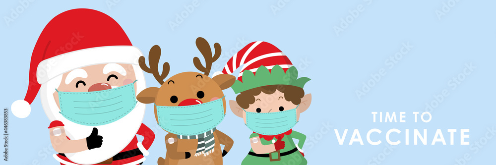 Time to vaccinate corona virus (COVID-19) vaccine with cute Santa Claus, elf and deer. Holidays cartoon character. -vector