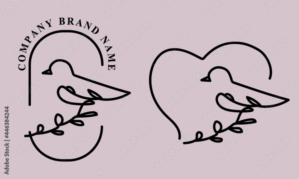 Birds and leaves and love heart pattern symbol vector design simple linear template brand company logo. Shops, bars, restaurants, wedding dresses, Morandi color, dreamy, hand-painted, line sense Birds and leaves and love heart pattern symbol vector design simple linear template brand company logo. Shops, bars, restaurants, wedding dresses, Morandi color, dreamy, hand-painted, line sense