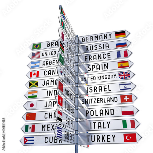 Signpost with national flags of different countries, white backg photo