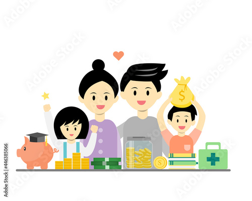 Happy family saving money concept. saving money for education,health,insurance,future.