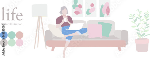 Morandi colorful hand drawn fashionable family life vector decorated woman sitting on sofa, using laptop, Tablet. Floor lamp green potted plants relax indoor, modern, life, home photo