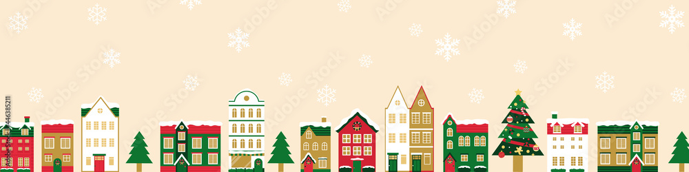 冬のクリスマスの街並みのベクターイラスト背景(風景,フレーム,xmas.X'mas,町並み,雪,カード,メッセージカード,コピースペース)