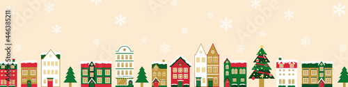 冬のクリスマスの街並みのベクターイラスト背景(風景,フレーム,xmas.X'mas,町並み,雪,カード,メッセージカード,コピースペース)
