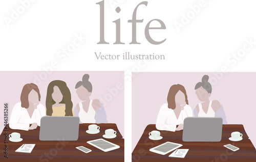 fashionable women team sitting in a cafe or at home with a laptop. Drink, laptop, mobile phone, tablet work flat vector illustration. Remote or conference lifestyle