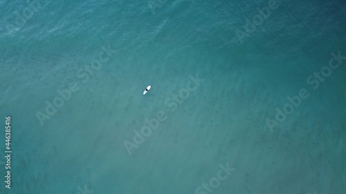 Lone surfer riding out into the sea waiting to catch waves crashing against the beach, summer vibes, coastal Victoria, Great Ocean Road, Australia © fieldofvision