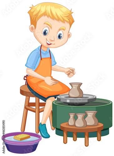 Cartoon character boy making pottery clay on white background