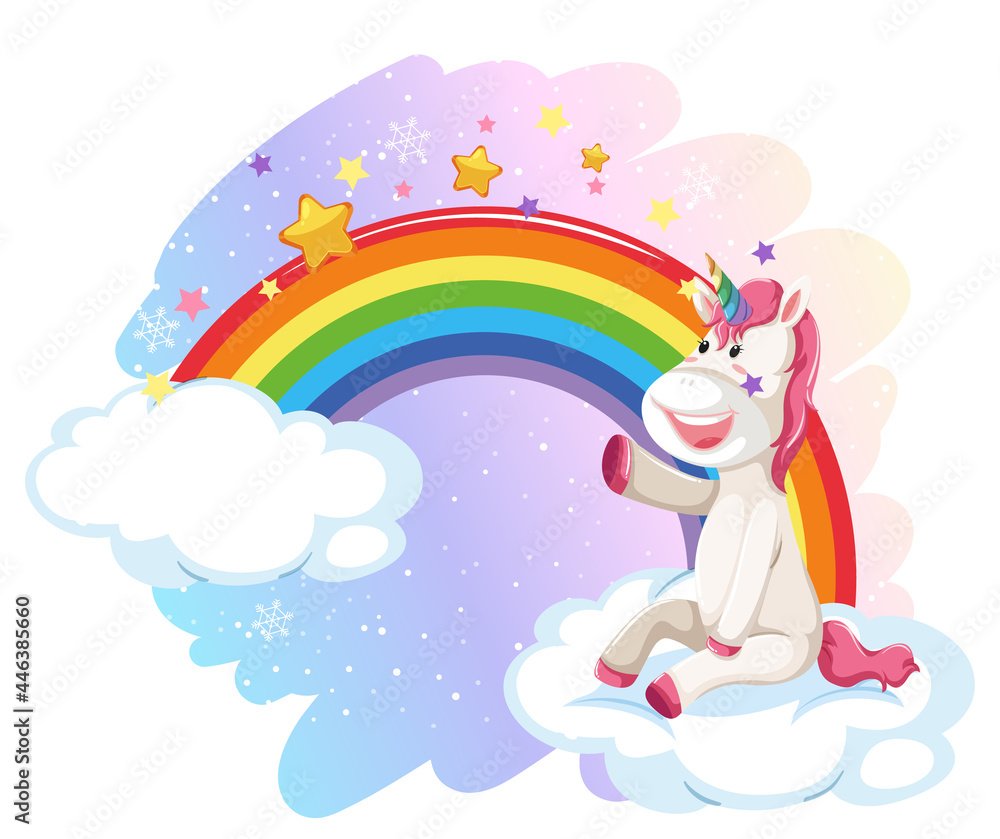 Cute unicorn in the pastel sky with rainbow Cute unicorn in the pastel sky with rainbow