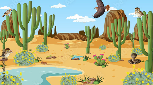 Desert forest landscape at daytime scene with desert animals and plants