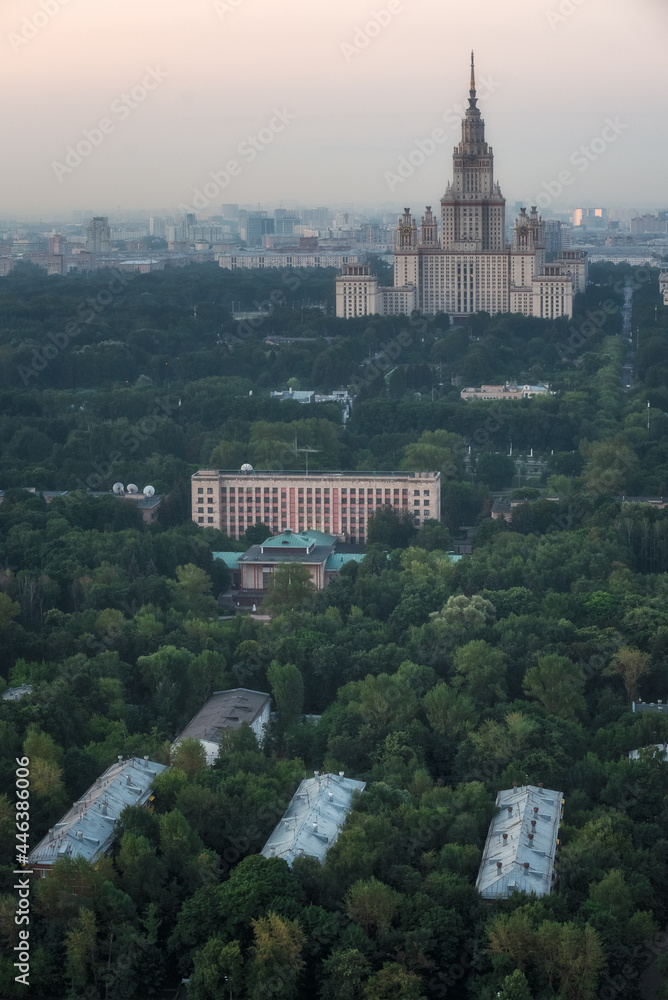 Naklejka premium View of the Central and business part of Moscow from the height of the flight at dawn