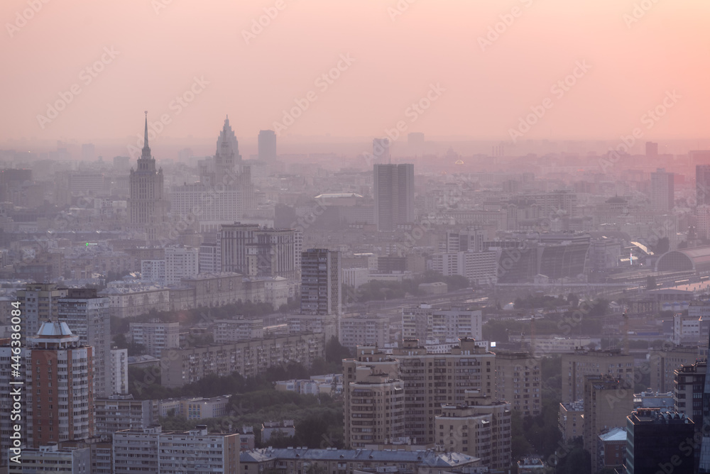 Obraz premium View of the Central and business part of Moscow from the height of the flight at dawn