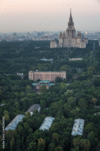 View of the Central and business part of Moscow from the height of the flight at dawn