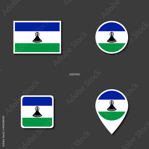 Lesotho flag icon set in different shape (rectangle, circle, square and marker icon ) on dark grey background. Lesotho flag icon collection on barely dark background.