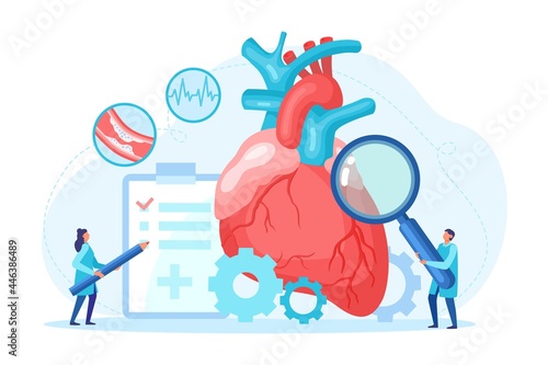Heart health check up and tiny cardiology specialist with magnifying glass take care professional medical examination pulse cardiogram. Health care and disease diagnostic concept. Vector illustration photo