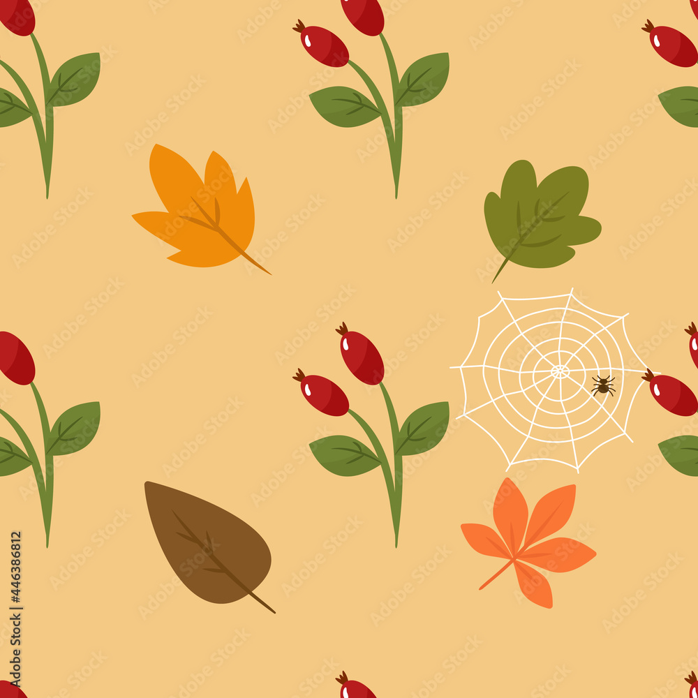 Autumn seamless pattern with rosehip berries and leaves. Vector illustration. For design, decorative printing on paper or fabric