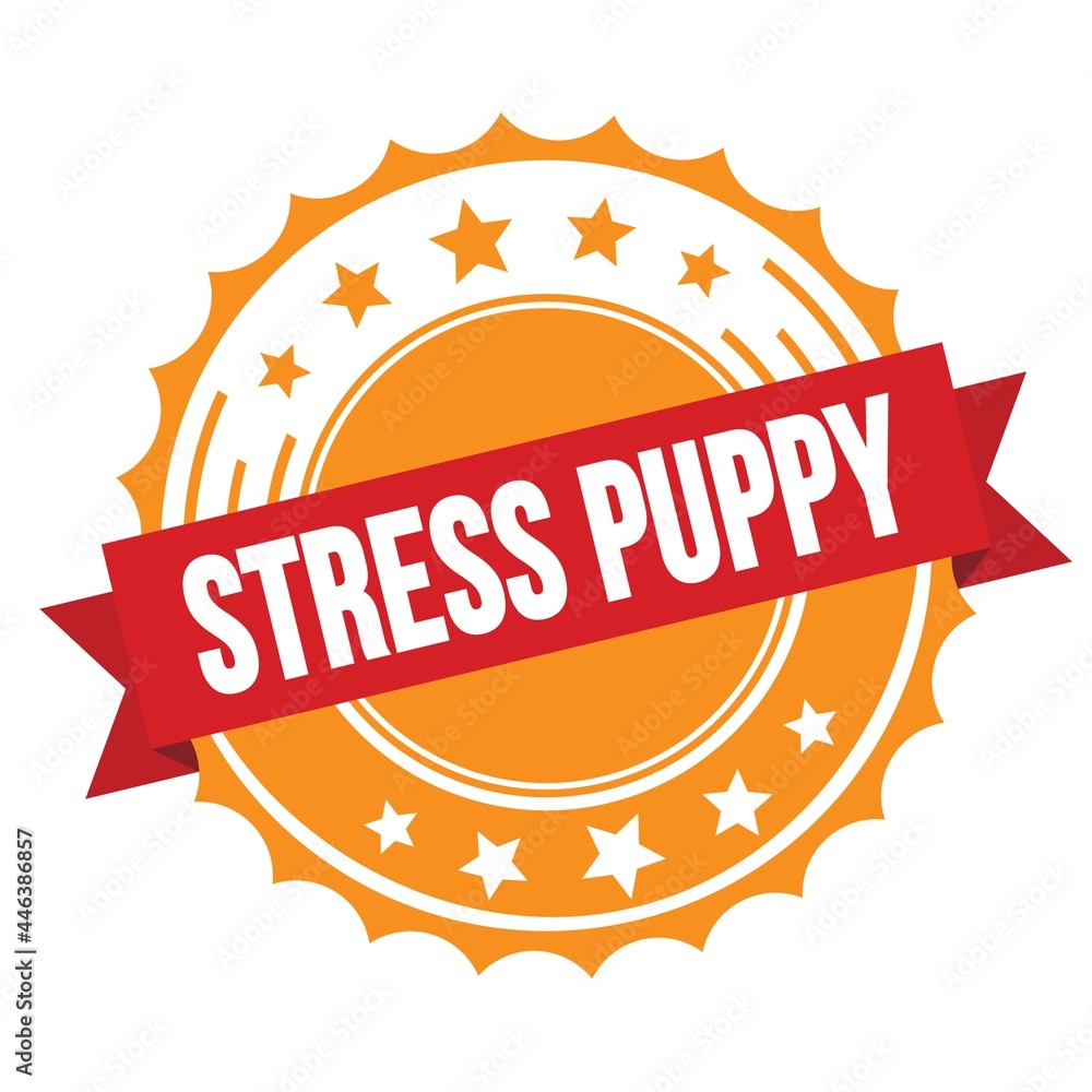 STRESS PUPPY text on red orange ribbon stamp. STRESS PUPPY text on red orange ribbon stamp.