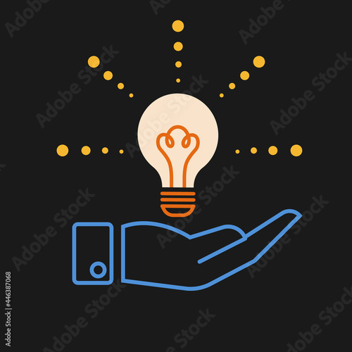 light bulb with light on hand, energy and idea spurt, business concept design. Modern design. Vector illustration.
