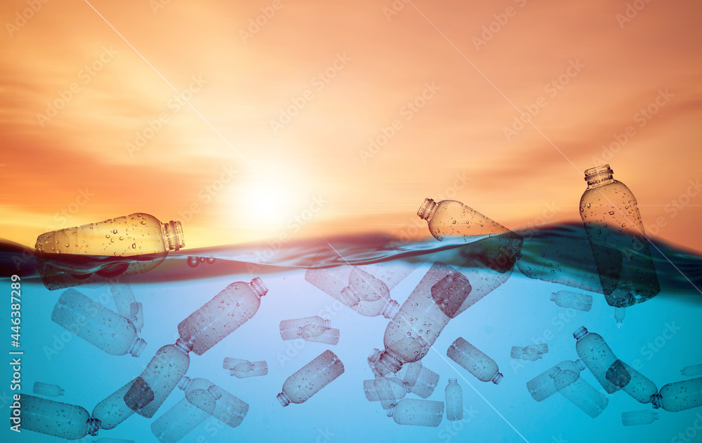 The world floats in water with only plastic waste.Plastic bottles float