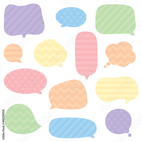 Cute pastel colored hand drawn speech bubble icon set. Polka dot, stripes, chevron patterned speech bubbles. Doodle vector illustration.
